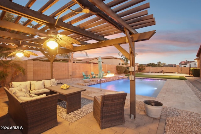 pool at dusk with outdoor lounge area, pool water feature, a pergola, and a patio