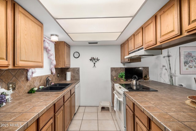 619 E Elaine St, Casa Grande, AZ 85122 - kitchen with a sink, white appliances, tile counters, backsplash, and under cabinet range hood