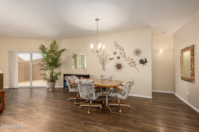 dining area with a chandelier and dark wood-type flooring