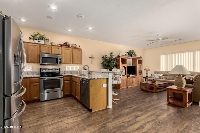 kitchen featuring dark wood-type flooring, sink, ceiling fan, appliances with stainless steel finishes, and kitchen peninsula