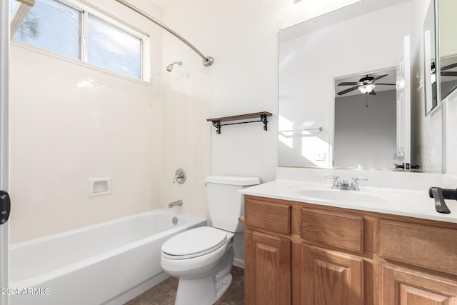 bathroom featuring a ceiling fan, toilet, vanity, and shower / tub combination