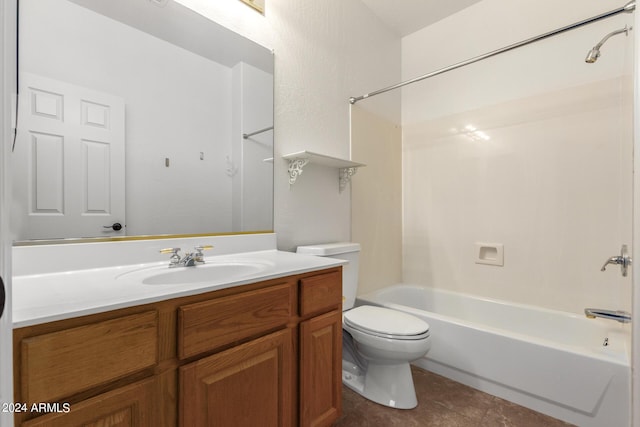 bathroom with toilet, shower / washtub combination, vanity, and tile patterned floors