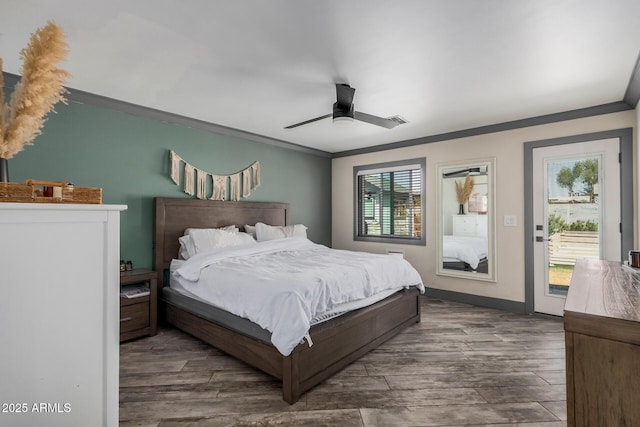 bedroom with visible vents, access to outside, wood finished floors, crown molding, and ceiling fan