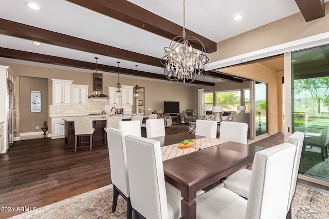 dining area with dark wood-type flooring, a notable chandelier, and beam ceiling