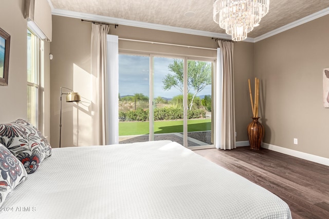 bedroom featuring access to outside, wood-type flooring, and ornamental molding