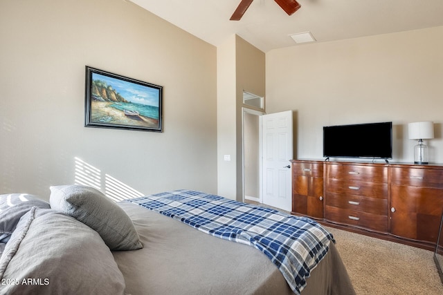 bedroom with ceiling fan and carpet flooring