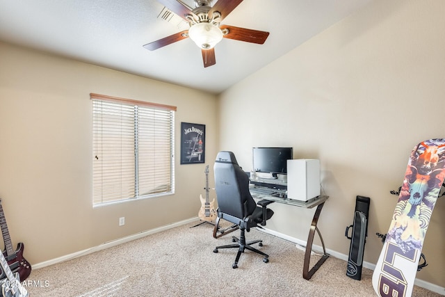 office featuring carpet floors and ceiling fan