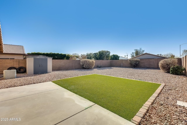 view of yard featuring a storage unit and a patio area