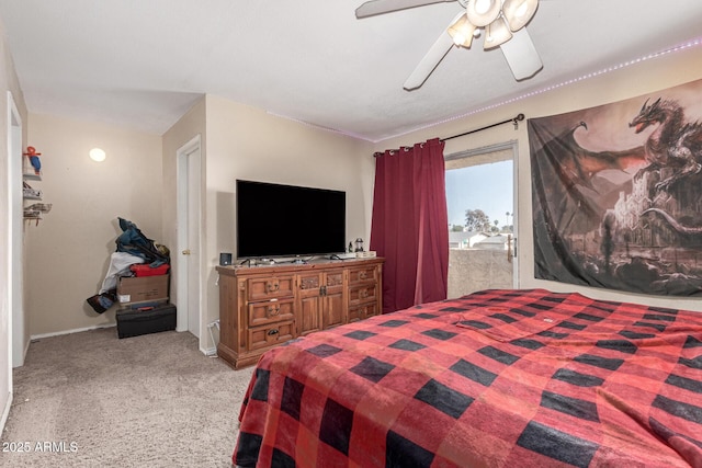 bedroom featuring light colored carpet and ceiling fan