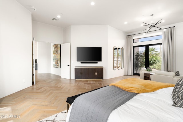 30600 N Pima Rd Unit 89, Scottsdale, AZ 85266 - bedroom featuring visible vents, recessed lighting, and a notable chandelier