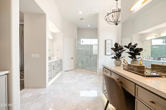30600 N Pima Rd Unit 89, Scottsdale, AZ 85266 - bathroom featuring a stall shower, vanity, a notable chandelier, and visible vents