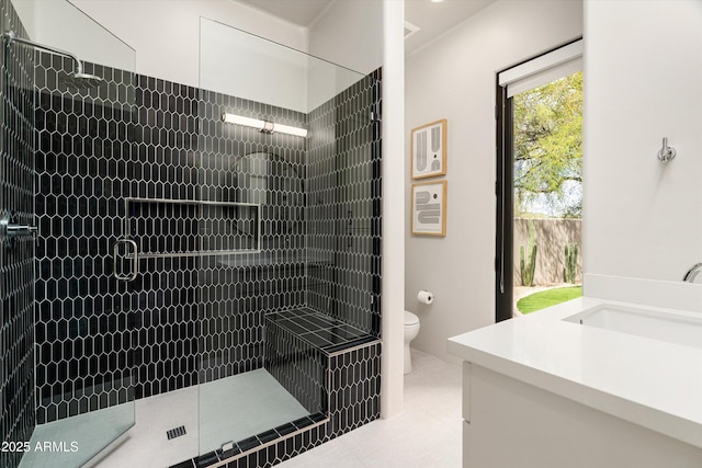 30600 N Pima Rd Unit 89, Scottsdale, AZ 85266 - bathroom with a walk in shower, tile patterned floors, vanity, and toilet