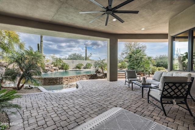 30600 N Pima Rd Unit 89, Scottsdale, AZ 85266 - view of patio / terrace with outdoor lounge area, ceiling fan, and a fenced in pool