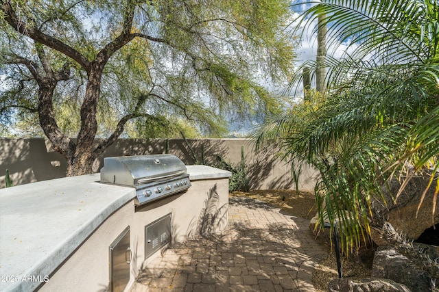 30600 N Pima Rd Unit 89, Scottsdale, AZ 85266 - view of patio featuring a fenced backyard, area for grilling, and an outdoor kitchen