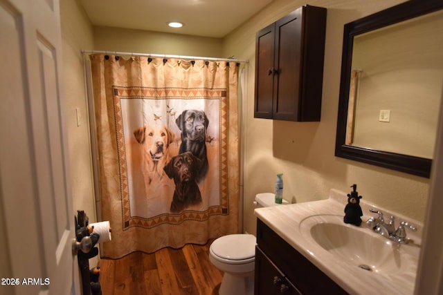 full bath featuring vanity, wood finished floors, toilet, and a shower with curtain