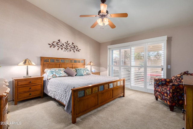 carpeted bedroom featuring lofted ceiling, ceiling fan, and access to outside