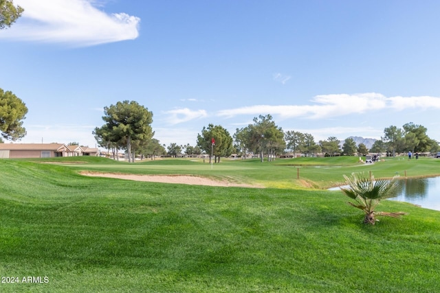 view of property's community with a lawn and a water view