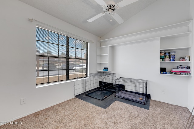 interior space featuring carpet floors, a ceiling fan, baseboards, and lofted ceiling