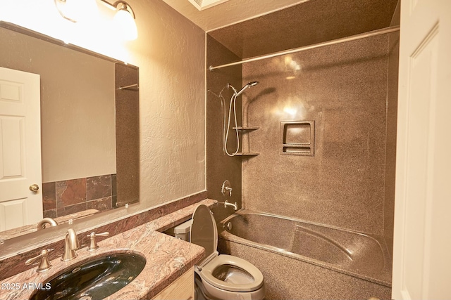 bathroom featuring tub / shower combination, vanity, and toilet