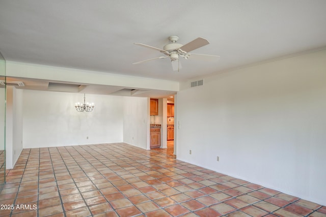 spare room with light tile patterned flooring, visible vents, ceiling fan with notable chandelier, and crown molding