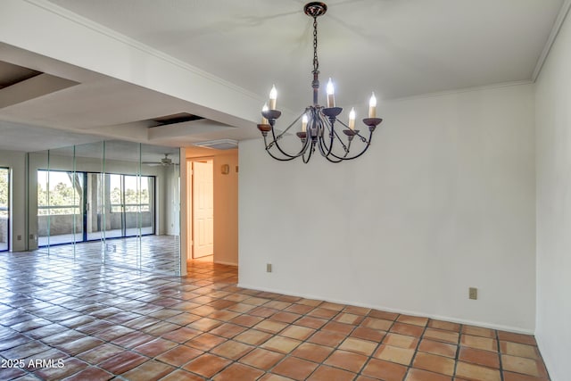 tiled spare room featuring baseboards, ornamental molding, and ceiling fan with notable chandelier