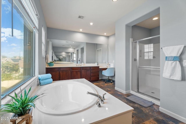 bathroom with separate shower and tub and vanity