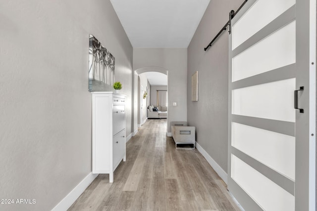 corridor featuring a barn door and light hardwood / wood-style floors