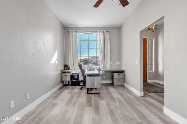 office featuring ceiling fan and light hardwood / wood-style flooring