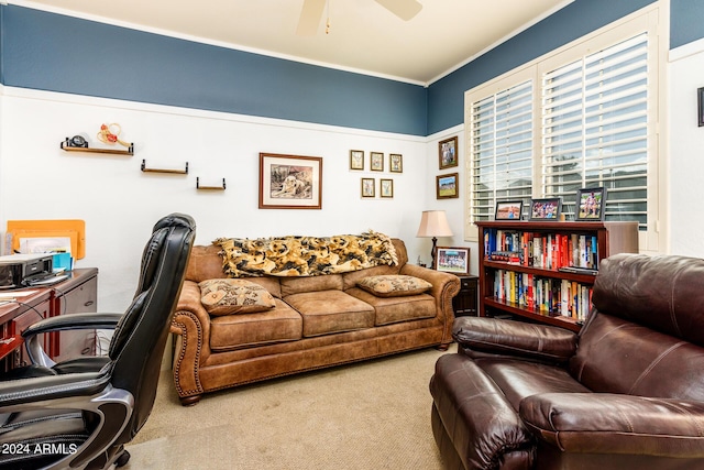 home office with carpet and ceiling fan