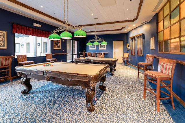game room featuring carpet floors, a tray ceiling, pool table, and recessed lighting