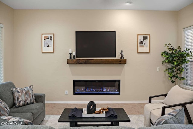 living room featuring light tile patterned floors