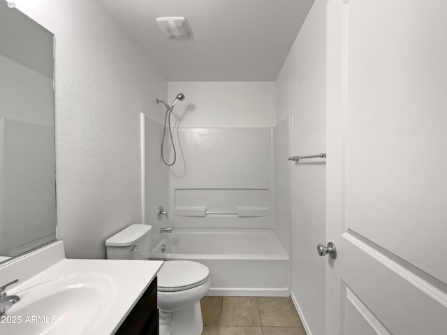 full bathroom featuring visible vents, toilet,  shower combination, tile patterned flooring, and vanity