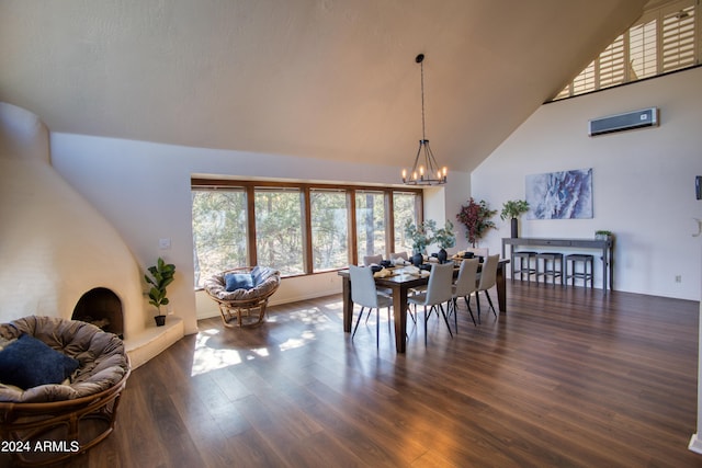 dining room featuring a notable chandelier, dark hardwood / wood-style flooring, and high vaulted ceiling