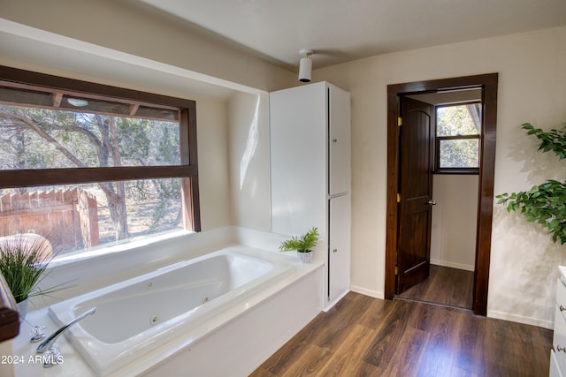 bathroom with a wealth of natural light, a washtub, and wood-type flooring