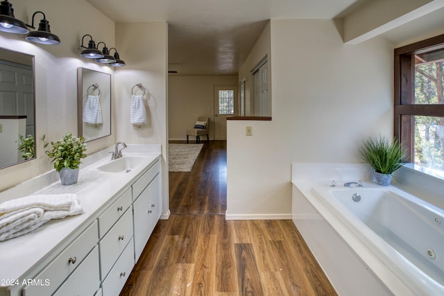 bathroom with a bathtub, vanity, and wood-type flooring