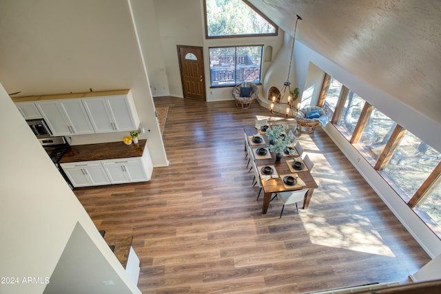 living room with high vaulted ceiling, a healthy amount of sunlight, and dark hardwood / wood-style floors