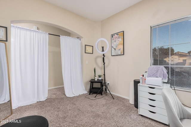 interior space featuring light colored carpet