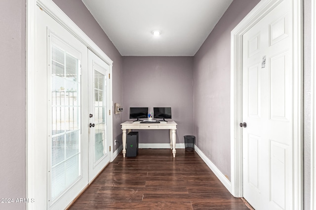 office area with french doors and dark hardwood / wood-style flooring