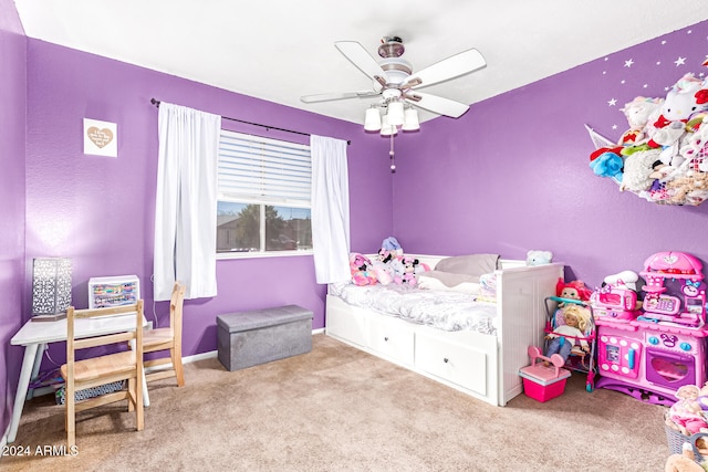 bedroom featuring light carpet and ceiling fan