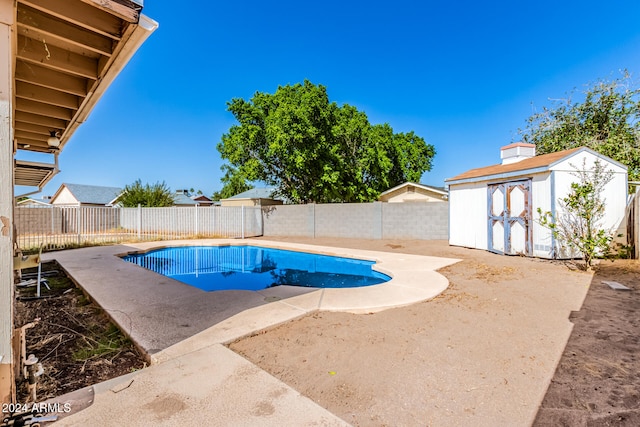 view of swimming pool with a storage shed and a patio