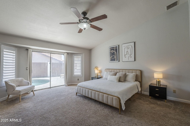 1461 W Tara Dr, Gilbert, AZ 85233 - bedroom with access to outside, lofted ceiling, carpet flooring, baseboards, and ceiling fan