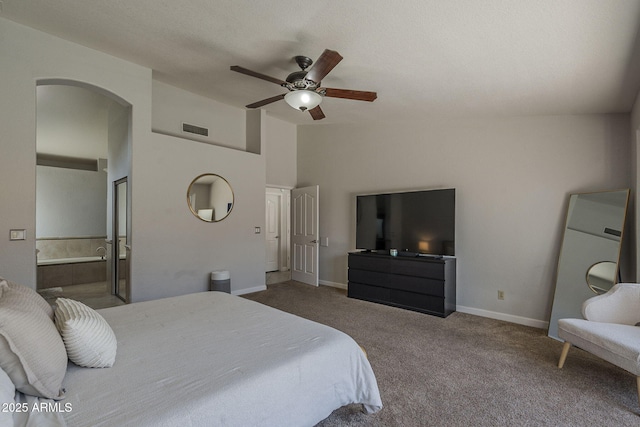 1461 W Tara Dr, Gilbert, AZ 85233 - bedroom featuring carpet floors, baseboards, ensuite bath, ceiling fan, and high vaulted ceiling