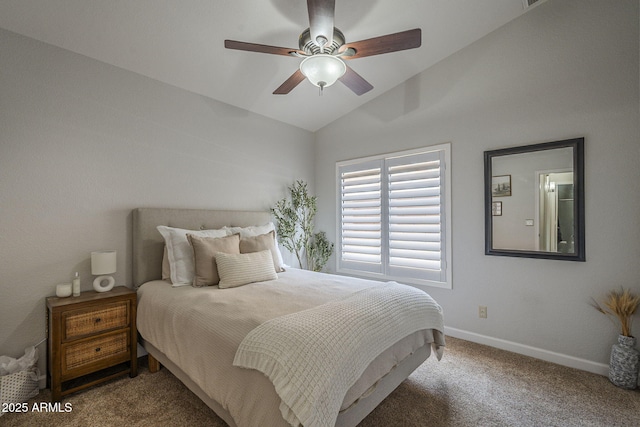 1461 W Tara Dr, Gilbert, AZ 85233 - carpeted bedroom featuring vaulted ceiling, baseboards, and a ceiling fan
