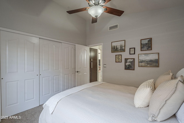 1461 W Tara Dr, Gilbert, AZ 85233 - carpeted bedroom featuring a closet, high vaulted ceiling, and a ceiling fan