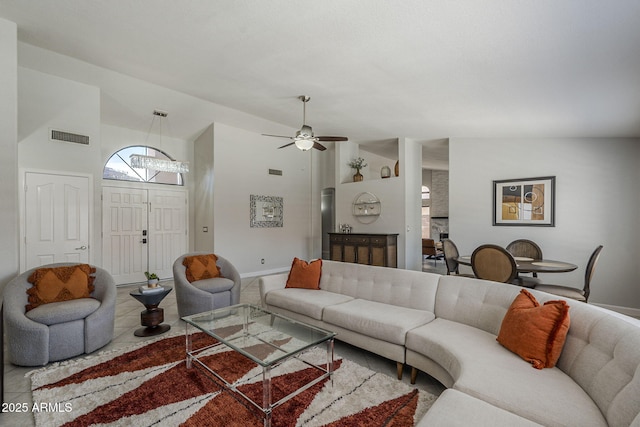 1461 W Tara Dr, Gilbert, AZ 85233 - living area with high vaulted ceiling, ceiling fan, baseboards, and tile patterned flooring
