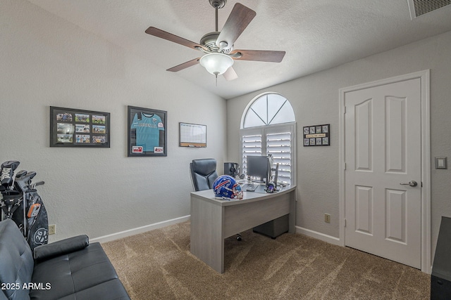 1461 W Tara Dr, Gilbert, AZ 85233 - office area featuring a ceiling fan, carpet floors, baseboards, vaulted ceiling, and a textured ceiling