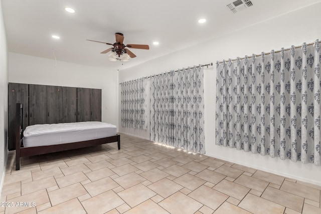 bedroom with visible vents, ceiling fan, and recessed lighting