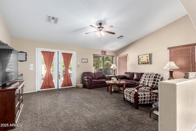 15994 W Bartlett Ave, Goodyear, AZ 85338 - carpeted living room featuring visible vents, vaulted ceiling, french doors, and ceiling fan