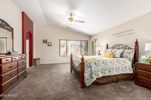 15994 W Bartlett Ave, Goodyear, AZ 85338 - bedroom with carpet, arched walkways, a ceiling fan, visible vents, and vaulted ceiling