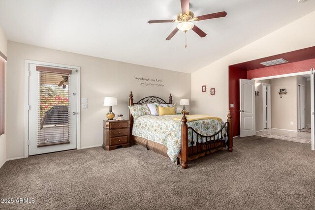 15994 W Bartlett Ave, Goodyear, AZ 85338 - carpeted bedroom featuring a ceiling fan, access to exterior, lofted ceiling, and visible vents